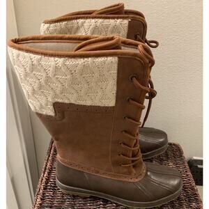 Reila Women's Lace-Up Duck Boots Size 8.5 Brown Faux Leather Knit Upper Rubber